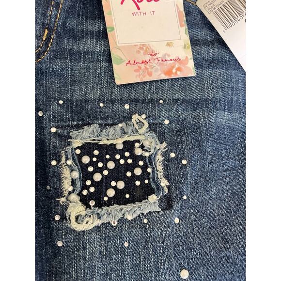 NWT Almost Famous Mid Rise Roll Up Jeans Women 9 Blue Denim Distressed Raw Hem - Picture 15 of 16